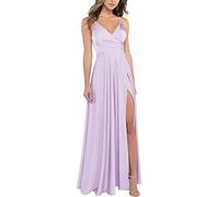 xxxiticat Women's V-Neck Spaghetti Straps Long Prom Dresses Satin A-line Bridesmaid Dresses Formal Satin Prom Evening Dresses with Slit, lavender, M