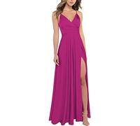 xxxiticat Women's V-Neck Spaghetti Straps Satin Bridesmaid Dresses Formal A-line Prom Evening Dresses with Slit, fuchsia, L
