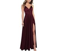 xxxiticat Women's V-Neck Spaghetti Straps Satin Bridesmaid Dresses Formal A-line Prom Evening Dresses with Slit, Deep Wine Red, S