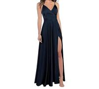 xxxiticat Women's V-Neck Spaghetti Straps Satin Bridesmaid Dresses Formal A-line Prom Evening Dresses with Slit, Midnight blue, M