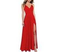 xxxiticat Women's V-Neck Spaghetti Straps Satin Bridesmaid Dresses Formal A-line Prom Evening Dresses with Slit, red, S