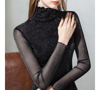 (XXXL, black) Women Long Sleeve Blouse Spring Autumn Lace Shirts Casual Blouses Long Sleeve Patchwork Spliced Turtleneck Blusas Tops