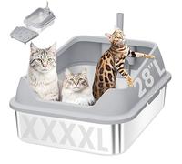 XXXL Stainless Steel Cat Litter Box with Extra Large Litter Box Step,27.1"X20"X13" Metal Litter Boxs High Sides for Big Cats and Multiple Cats,Includes Litter Scoop & Non-Stick Bottom