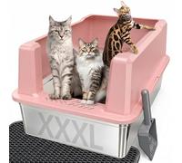 XXXL Stainless Steel Cat Litter Box with Lid, 26" L x 18" W x 12" H Metal Litter Box with High Sides for Big Cats & Multiple Cats, Never Absorbs Odors, Anti-Urine Leakage, Easy Cleanin(Pink)