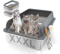 XXXL Stainless Steel Sifting Litter Box with Lid, 28'' L × 20'' W Extra Large Sifting Cat Litter Box for Pine Pellets & Big Cats & Multiple Cats, Metal Pellet Sifter Litter Pan System for Odor Control