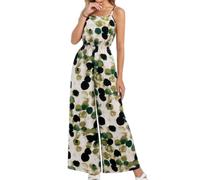 XXYAOCHEN Overalls ，Jumpsuit Women'S Green And Black Printed Spaghetti Strap Wide-Leg Jumpsuit- green-S