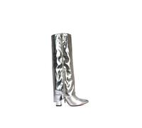 Xy London 'allie' Knee High Boots Fold Over Point Toe Deco Zip In Metallic Silver Metallic Silver 6