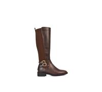 Xy London 'charlie' Flat Heel Zip Up Knee High Stretchy Boots With Buckle In Brown Brown