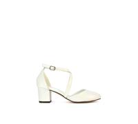 Women's Strappy Ankle Strap Mid Low Block Close Toe Heel Ladies White Synthetic Leather Court Shoes Size 7