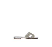 Xy London 'edith' Diamante Holiday Flat Sandals With Square Toe In Metallic Silver Metallic Silver