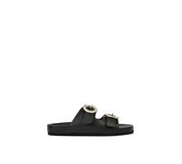 Xy London 'reggie' Slip On Flat Sandals Sliders With Double Strap Diamante Buckle In Black Black 6