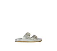 Xy London 'reggie' Slip On Flat Sandals Sliders With Double Strap Diamante Buckle In Metallic Silver Metallic Silver 3