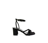'Trixie' Square Toe Buckle Up Ankle Strappy Mid Block Heel Sandals XY London Jet Black 5