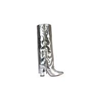 Women's Knee High Fold Over Boots Ladies Zip Details Classic Silver Faux Leather Western Style Pointed Toe Long Shoes Size 6