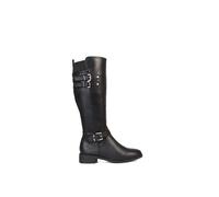 XY London Women's 'Amy' Knee High Elasticated Flat Biker Calf Boots with Buckles in Black | Size: 4 XY London Black 4