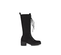 XY London Women's 'Aspen' Lace Up Block High Heel Knee High Biker Boots in Jet Black | Size: 8 XY London Jet Black 8