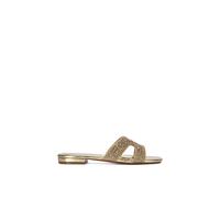XY London Women's 'Edith' Diamante Holiday Flat Sandals With Square Toe in Metallic Gold | Size: 7 XY London Metallic Gold 7