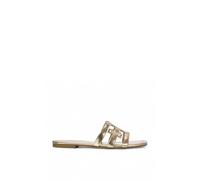 XY London Women's 'Ellie' Square Toe Cut Out Strap Flat Sandal Slides in Metallic Gold | Size: 4 XY London Metallic Gold 4