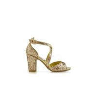 XY London Women's 'Harlow' Cross Over Strappy Buckle Peep Toe Block High Heels in Gold | Size: 8