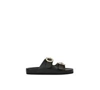 XY London Women's 'Reggie' Slip On Flat Sandals Sliders With Double Strap Diamante Buckle in Black | Size: 3 XY London Black 3