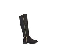 XY London Women's 'Sutton' Zip Up Flat Heel Knee High Boots With Stretchy Calf in Jet Black | Size: 4 XY London Jet Black 4