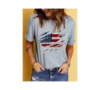 (XY27-Gray, S) American Flag Print T-Shirt, Independence Day Short Sleeve Crew Neck Casual Top For Summer & Spring, Women's Clothing
