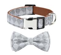 XYART Soft Dog Bow Tie Collar - Wedding Outfit for Boy/Male Dogs (Small, Medium, Large), Checkered Pattern, Silvery White, Small