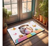 XYBH Fall Outdoor Rug For Front Door A Cute Hedgehog Holding A Colorful Egg With Butterflies Flying Around. Doormat Funny Stuff Fall Outside Door Mats(65X90CM)