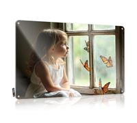 XYBH Funny Tin Sign A Young Girl Gazes Out Of An Old Window, Captivated By Butterflies. Tin Sign Bar Rules Sign Bar Rules Sign(30X40CM)