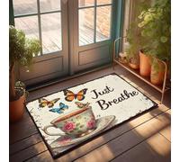 XYBH Retro Area Rug Floral Teacup With Butterflies And Just Breathe Text. Doormat Stuff For Teens Man Cabe Decor(65X90CM)