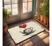XYBH Welcome Doormat Outdoor Entrance Hello A Teapot With Floral Designs, Containing A Tree With Red Heart-Shaped Leaves. Doormat Funny Shoes Tiki Bar Decorations(65X90CM)