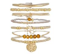 Xydedoing 7PCS Bohemian Gold Beaded Stretch Bracelets for Women, Crystal Charm Stackable Bangles, Fashion Jewelry Gift Set Adjustable Layered Bracelets for Daily Wear, One Size, Acrylic, alloy