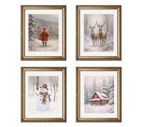 XYDEG Vintage Christmas Prints Unframed - Moody Christmas Pictures Wall Decor Aesthetic, Holiday Poster Winter Art, Reindeer Snowmen Santa House Artwork, Retro Xmas Painting For Home Bedroom Office