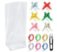 XYGK 30 Pcs Large Clear Cellophane Bags, Party Gift Treat Bags with 60 Pull Bows, 6 Ribbon Rolls and Scissors for Candy Cookie Birthday Wrapping Toy Christmas and Festivals(55cm × 35cm)