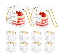 Xygobla 10PCS Clear Cake Box,5.5In Transparent Cake Gift Box PET Clear Plastic Cakes Box with Handle and Base,Square Plastic Baking Box with 2PCS Sticker for Cakes Present in Wedding Birthday Party