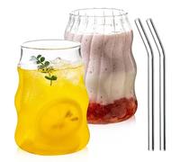Xygobla 2 Pcs Ribbed Glass Cups Set with Straws 530ML Vintage Drinking Glassware Ripple Cocktail Glasses for Iced Coffee Soda Tea Juice Beverage Milk