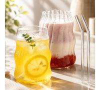 Xygobla 2 Pcs Ribbed Glass Cups Set with Straws | 530ML Vintage Ripple Drinking Glassware, Cocktail Glasses for Iced Coffee, Soda, Tea, Juice & Beverage