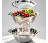 Xygobla 2Pcs Kitchen Colander & Mixing Bowl Set,28cm Stainless Steel Colander Strainer Bowl with Handle and Lid,Kitchen Food Strainer Basket for Draining Pasta,Washing Fruits,Veg and Meal Preparing