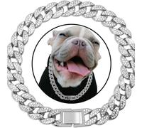 XYHAOAI Dog Chain Silver Cuban Collars, Diamond Cuban Collar Walking Metal Chain Collar with Design Secure Buckle, for Small Medium Large Dogs Cats,Silver,14inch 35cm
