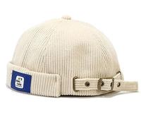 XYIYI Beige Men Corduroy Docker Cap Beanie Sailor Cap Worker Hat Rolled Cuff Retro Brimless Hat with Adjustable