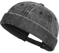 XYIYI Black Washed Cotton Brimless Hats for Men Vintage Docker Beanie Cap Rolled Cuff Skullcap