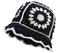 XYIYI Black Women Crochet Bucket Hat Knit Handmade Foldable Beach Hat Cute Hand Woven Fishing Hat