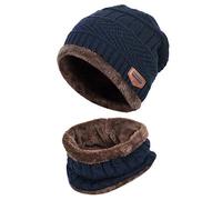 XYIYI Blue Kids Winter Knit Hat and Scarf Set, 2Pcs Warm Fleece Lining Beanie Cap and Scarf for 5-14 Year Old Boys Girls