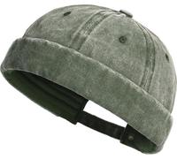 XYIYI Dark Green Washed Cotton Brimless Hats for Men Vintage Docker Beanie Cap Rolled Cuff Skullcap