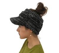 XYIYI Women's Beanie Tail Cable Winter Warm Knit Messy High Bun Ponytail Hat Visor Brim Cap (Black+White)