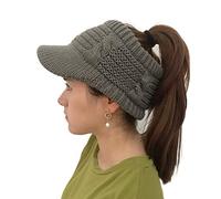 XYIYI Women's Beanie Tail Cable Winter Warm Knit Messy High Bun Ponytail Hat Visor Brim Cap (Grey)