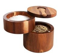 XYJ Acacia Wood Salt Box, 2-Tier Magnetic Stackable Seasoning Container with Built-in Lid & Wooden Spoon, Dual Layer Spice Jar for Salt, Pepper and Spices