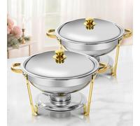 XYJBHB Chafing Dish Full Set, Round 5QT Stainless Steel Catering Chafer with Stainless Steel Lid, Buffet Food Warmers for Parties Events Weddings, Gold, 2 Pack