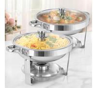 XYJBHB Chafing Dish Full Set, Round 5QT Stainless Steel Catering Chafer with Visible Glass Lid, Buffet Food Warmers for Parties Events Weddings, Silver, 2 Pack