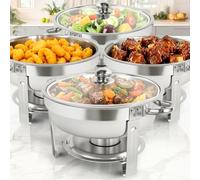 XYJBHB Chafing Dish Full Set, Round 6QT Stainless Steel Catering Chafer with Visible Glass Lid, Buffet Food Warmers for Parties Events Weddings, Silver, 4 Pack